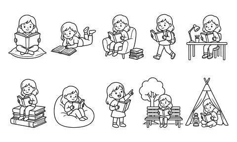 Set of line featuring a girl reading various books child education Stock Illustration