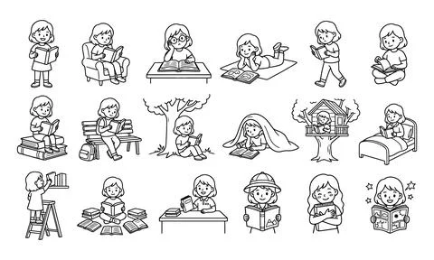 Set of line featuring girls reading various books education study Stock Illustration