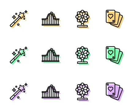 Set line Ferris wheel, Magic wand, Roller coaster and Playing cards icon. V.. Stock Illustration