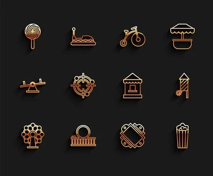 Set line Ferris wheel, Roller coaster, Lollipop, Ticket, Popcorn in cardboa.. 库存插图