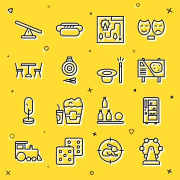 Set line Ferris wheel, Vending machine, Amusement park billboard, map, Classic Ilustración de archivo