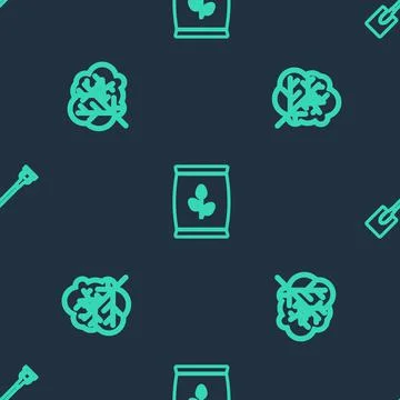 Set line Fertilizer bag, Tree and Garden shovel on seamless pattern. Vector Illustrazione stock