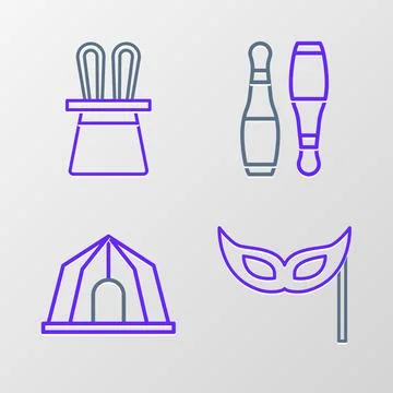 Set line Festive mask, Circus tent, Bowling pin and Magician hat and rabbit ears Illustrazione stock