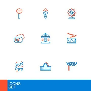 Set line Festive mask, Roller coaster, Carnival garland with flags, Drum dr.. Stock Illustration
