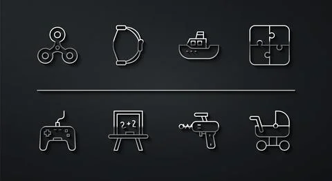 Set line Fidget spinner, Gamepad, Puzzle pieces toy, Ray gun, Chalkboard, B.. Stock Illustration