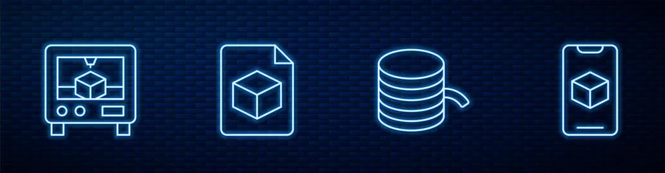 Set line Filament for 3D printer, , Isometric cube file and software. Glowing Ilustração Stock