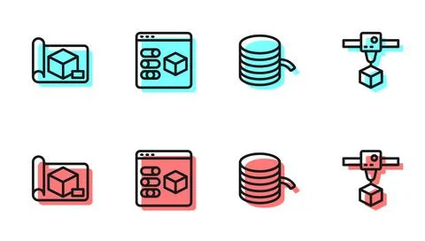 Set line Filament for 3D printer, Graphing paper engineering, and cube icon 스톡 일러스트