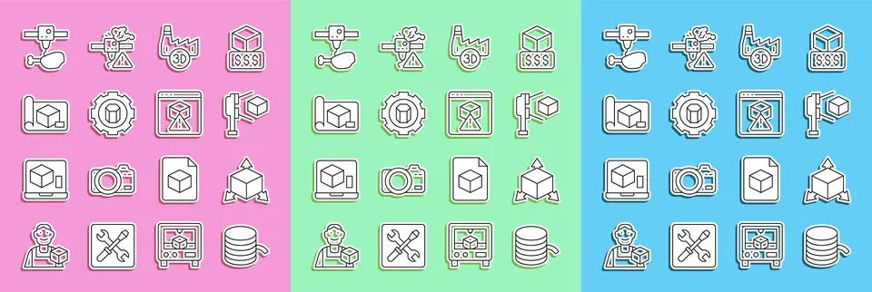 Set line Filament for 3D printer, Isometric cube, scanner with, Printing house Stock Illustration