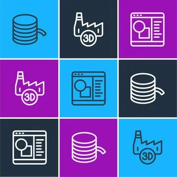 Set line Filament for 3D printer, software and Printing house industry icon Illustrazione stock