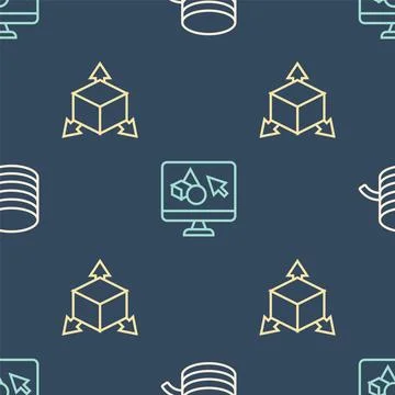 Set line Filament for 3D printer, Isometric cube and software on seamless Ilustração Stock