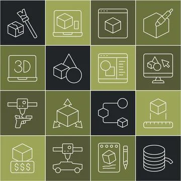 Set line Filament for 3D printer, Isometric cube, software, Basic geometric Illustrazione stock