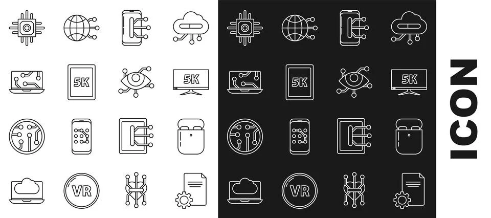 Set line File document, Air headphones in box, Monitor display with 5k video Stock Illustration