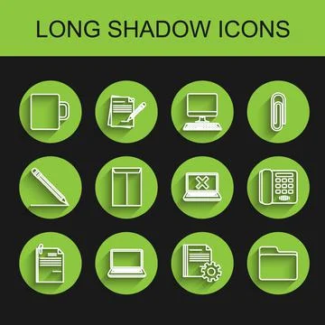 Set line File document and paper clip, Laptop, Coffee cup, Document settings 스톡 일러스트