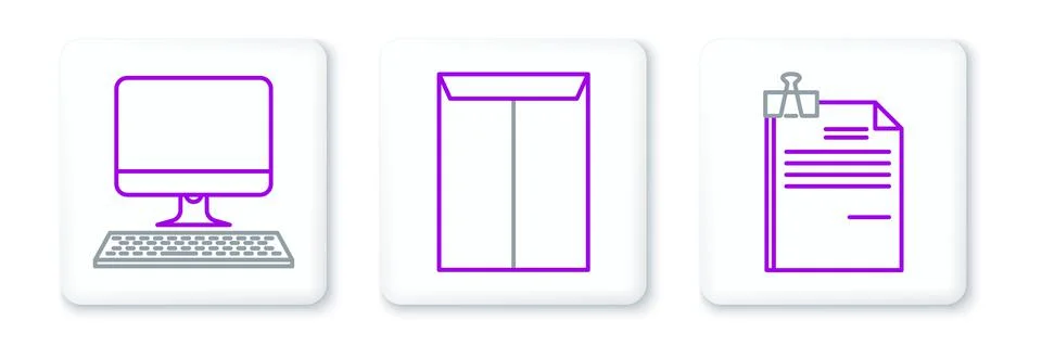 Set line File document and binder clip, Computer monitor with keyboard and 库存插图
