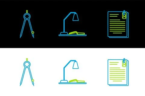 Set line File document and paper clip, Drawing compass and Workplace with table Illustrazione stock