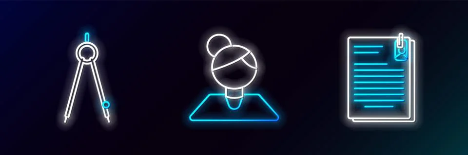 Set line File document and paper clip, Drawing compass and Teacher icon. Glowing Stock Illustration