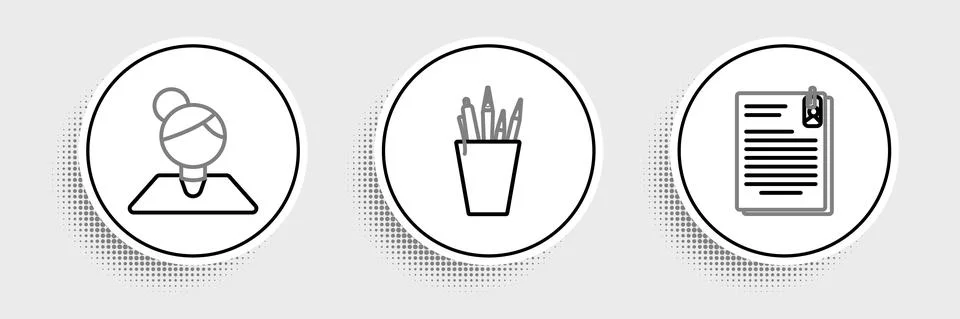 Set line File document and paper clip, Teacher and Pencil case stationery icon Stock Illustration