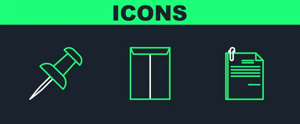 Set line File document and paper clip, Push pin and Envelope icon. Vector Stock Illustration