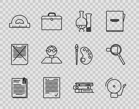 Set line File document and paper clip, Exam sheet with check mark, Protractor イラスト素材