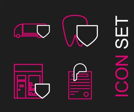 Set line File document and paper clip, Shopping building with shield, Tooth and Ilustración de archivo