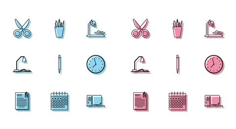 Set line File document and paper clip, Calendar, Scissors, Computer monitor w Stock Illustration
