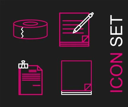 Set line File document, and binder clip, Blank notebook pen and Scotch icon.  Ilustración de archivo