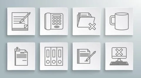 Set line File document and binder clip, Telephone, Office folders with papers イラスト素材