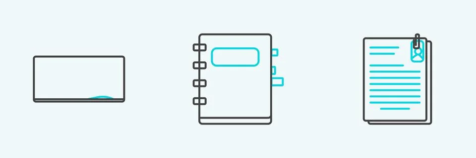 Set line File document and paper clip, Chalkboard and Notebook icon. Vector Stock Illustration