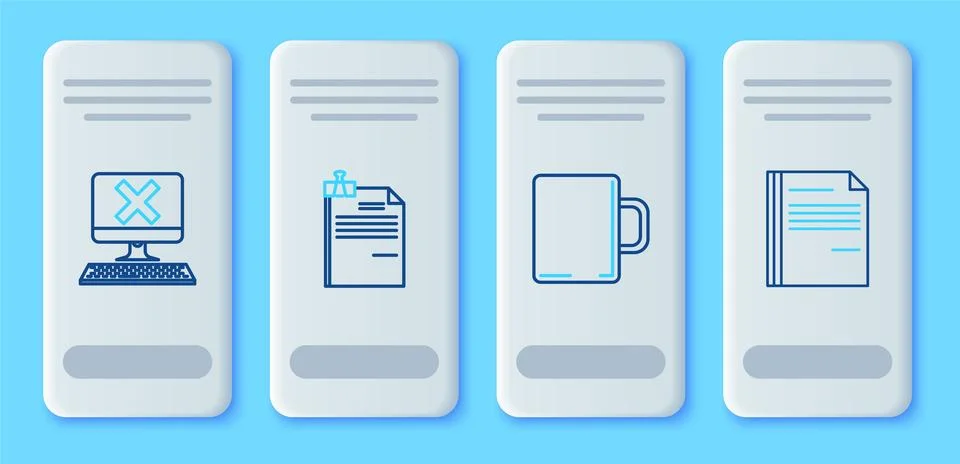 Set line File document and binder clip, Coffee cup, Computer with keyboard .. Illustrazione stock