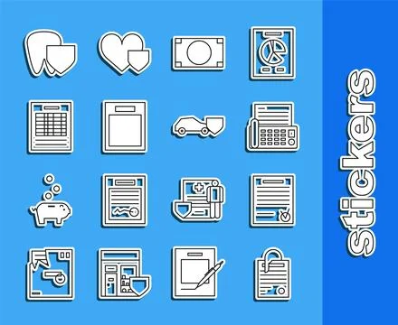 Set line File document and paper clip, Confirmed check mark, Fax machine, S.. Illustrazione stock