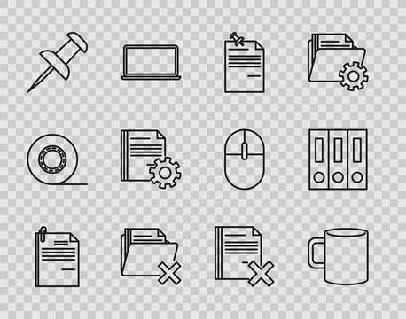 Set line File document and paper clip, Coffee cup flat, Note with pinned pu.. Stock Illustration