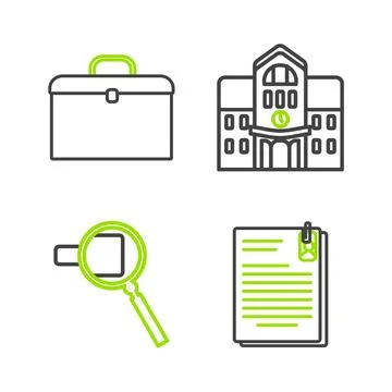Set line File document and paper clip, Magnifying glass, School building an.. Ilustración de archivo