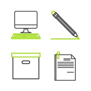 Set line File document and paper clip, Carton cardboard box, Pencil with er.. Stock Illustration