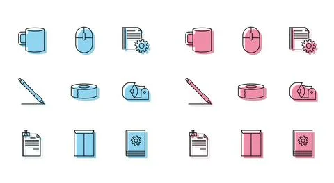 Set line File document and binder clip, Envelope, Coffee cup flat, User man.. 스톡 일러스트