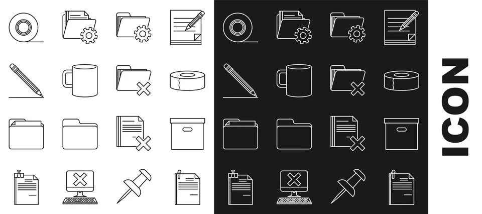 Set line File document and paper clip, Carton cardboard box, Scotch, Folder.. Ilustração Stock