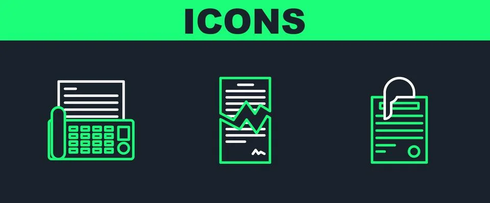 Set line File document and paper clip, Fax machine and Torn contract icon. .. Stock Illustration