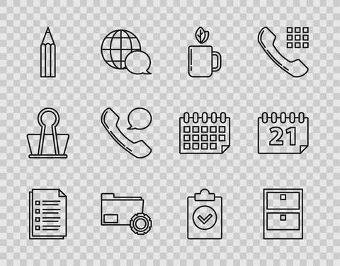 Set line File document, Archive papers drawer, Cup of tea and leaf, Folder Stock Illustration