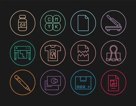 Set line File document, Binder clip, Empty, T-shirt, Plotter, Printer ink b.. Illustrazione stock