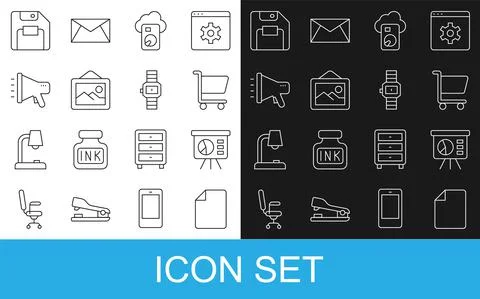 Set line File document, Board with graph, Shopping cart, Cloud database, Picture 스톡 일러스트