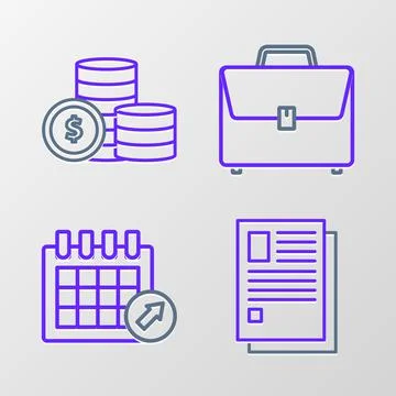 Set line File document, Calendar, Briefcase and Coin money with dollar symbol Illustration