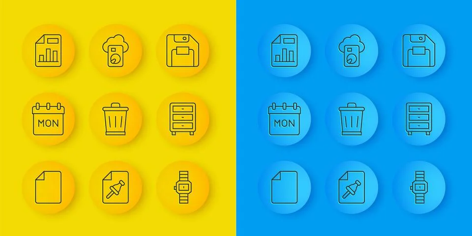 Set line File document, Calendar, Trash can, Wrist watch, Archive papers drawer Stock-Illustration