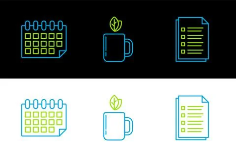 Set line File document, Calendar and Cup of tea and leaf icon. Vector Stock Illustration