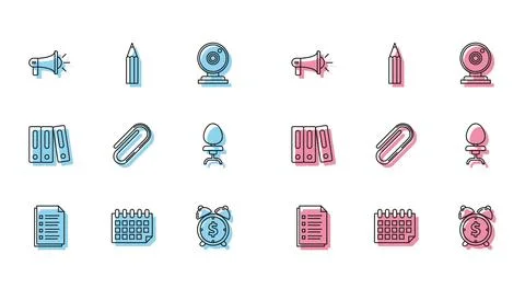 Set line File document, Calendar, Megaphone, Alarm clock with dollar symbol.. Stock Illustration