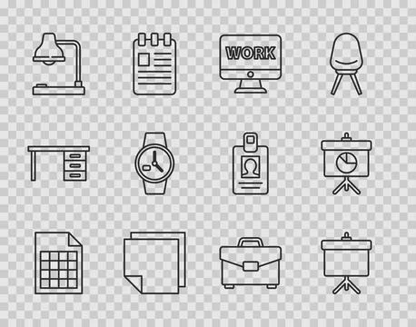 Set line File document, Chalkboard with diagram, Monitor text work, Post note Illustrazione stock