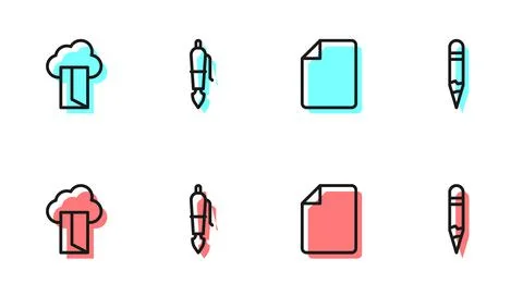 Set line File document, Cloud database, Fountain pen nib and Pencil icon. Vector 스톡 일러스트