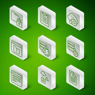 Set line File document, Cloud technology data transfer, Folder and lock, Netw Stock Illustration