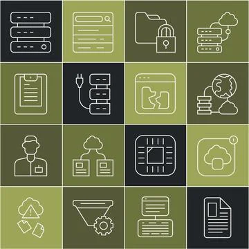 Set line File document, Cloud technology data transfer, Network cloud connection Illustrazione stock