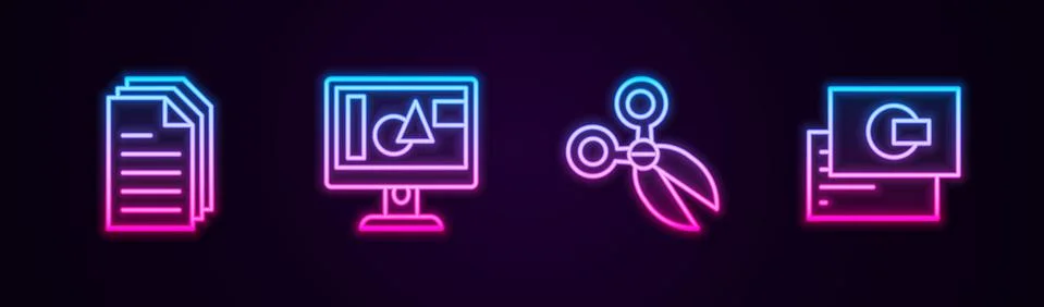 Set line File document, Computer monitor screen, Scissors and Business card Stock Illustration