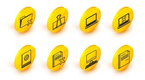 Set line File document, Computer monitor with keyboard, Delete file, User manual Stock Illustration