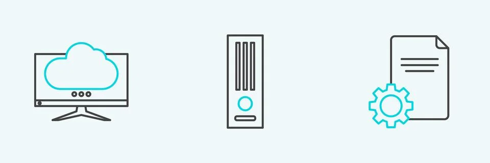 Set line File document Computer monitor screen and Video game console icon. V Stock Illustration